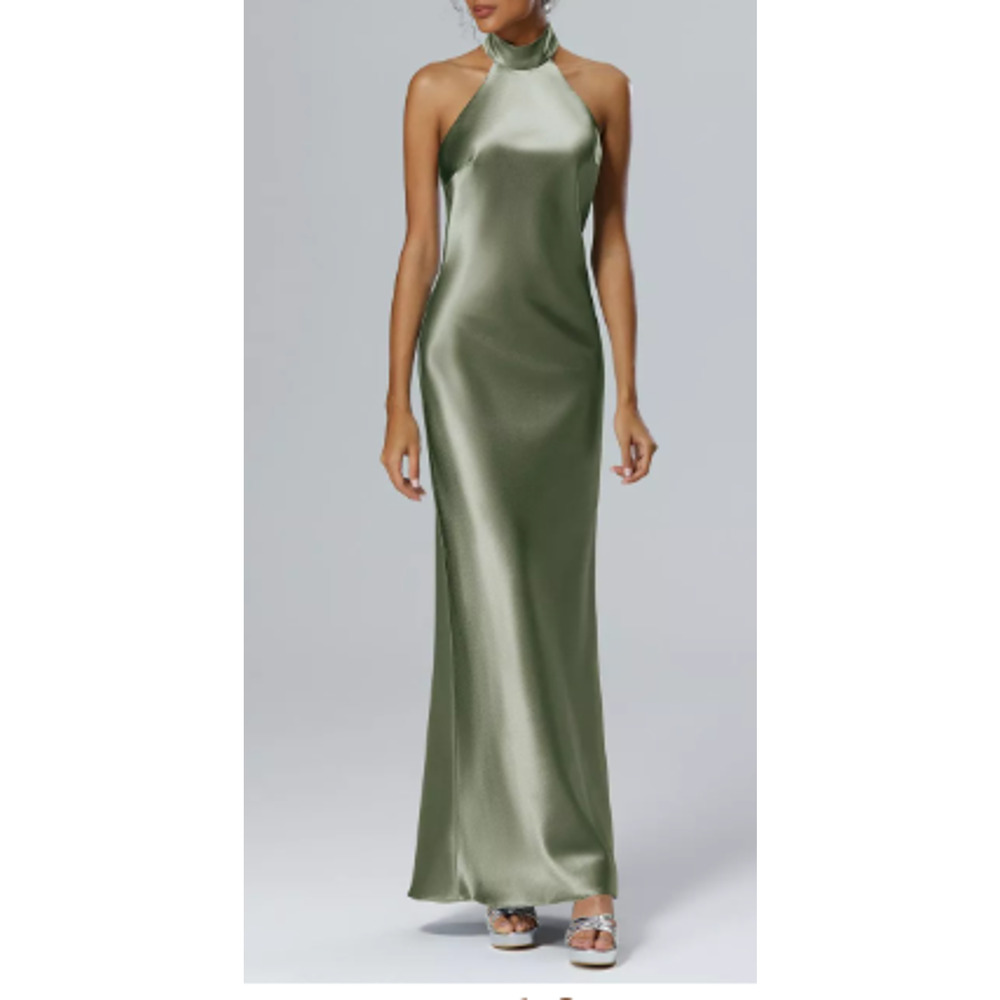 Halter Satin Maxi Dress in Olive Green